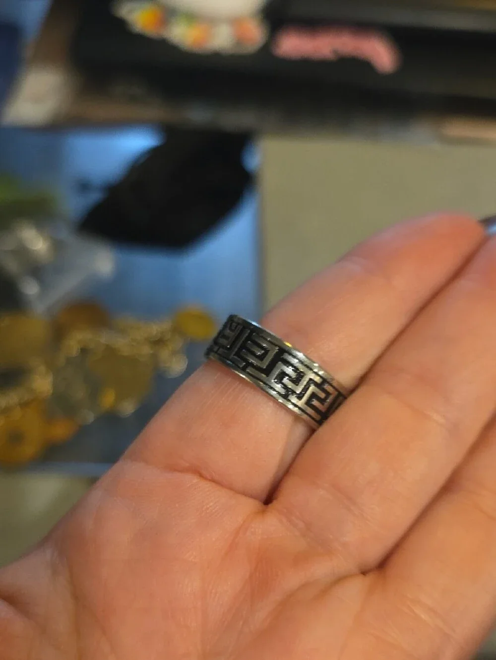 Sterling Silver Greek Key Pattern Band Ring - Silver